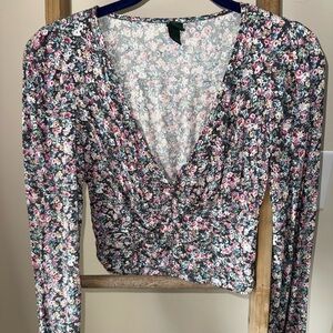 Floral V-Neck Long Sleeve Women's Top - Pink & Black